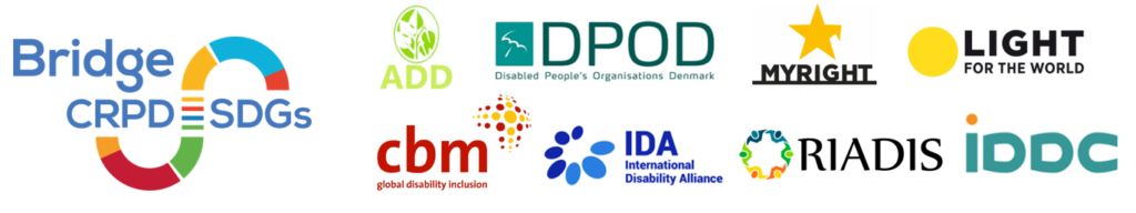 Logo BRidge CRPD / SDGs, ADD, DPOD, MYRIGHT, LIght for the worls, CBM, IDA, RIADIS, IDDC